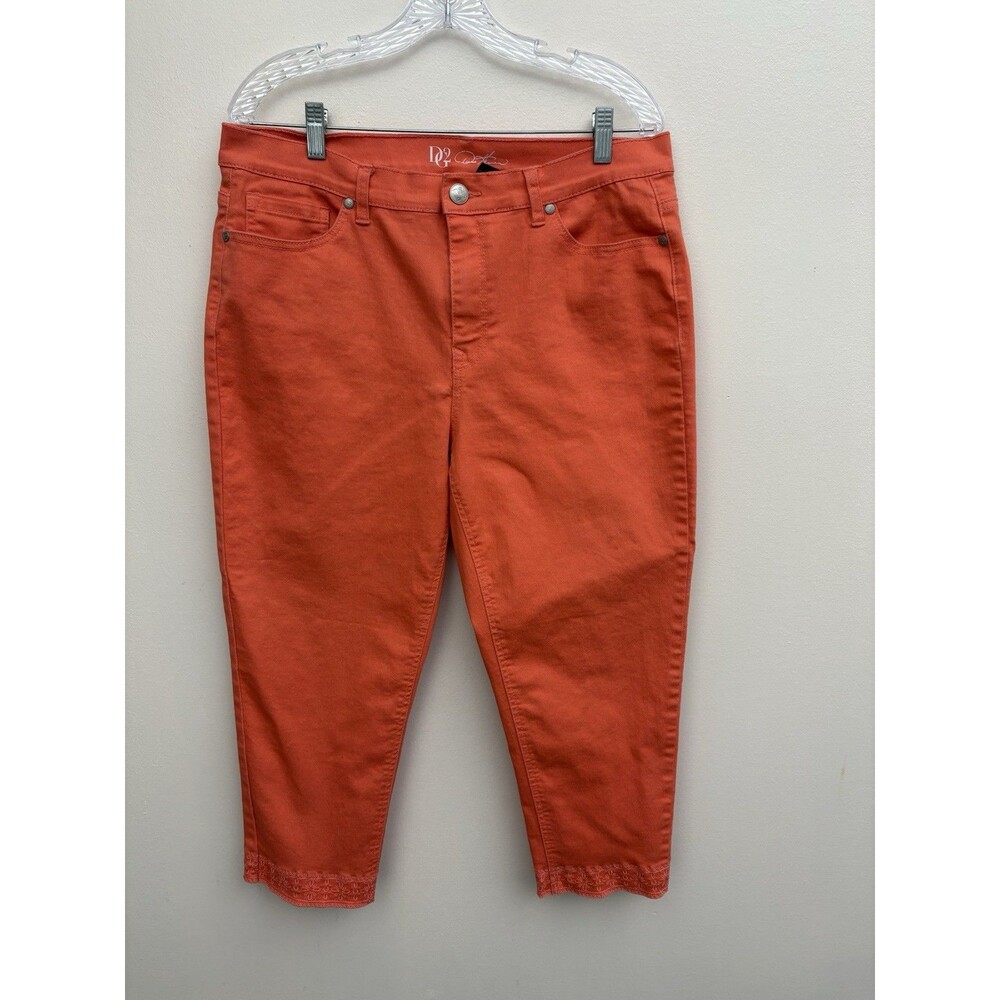 DG2 Diane Gilman Orange Virtual Stretch Crop Jeans Embroidered Hem Capri 16P